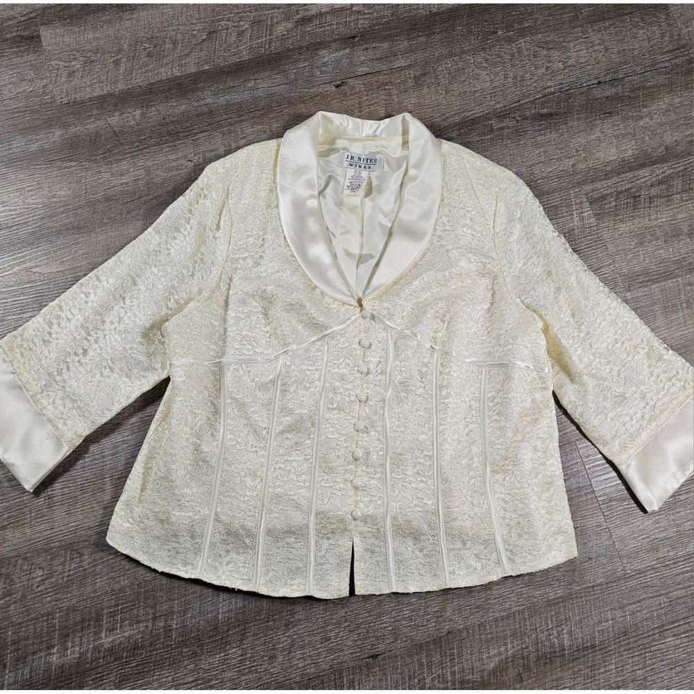 JR Nites Woman Ivory Lace Evening Jacket Satin Trim Formal Wedding Plus Size 22W